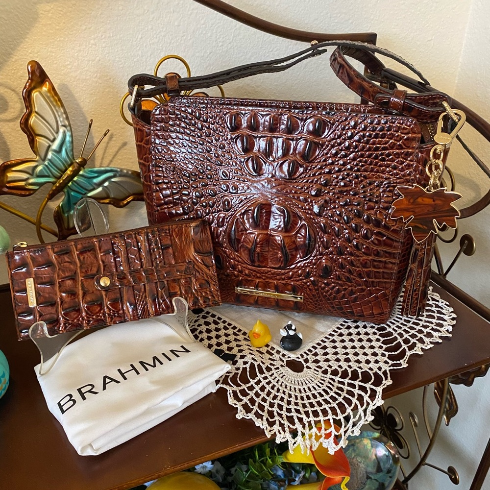 3 piece set!! Brahmin Pecan Carrie crossbody  + Palm tassel + Credit Card Wallet